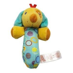 Bright Starts Puppy Dog Rattle Toy Yellow Teal Polka Dot Baby Infant Squeaker